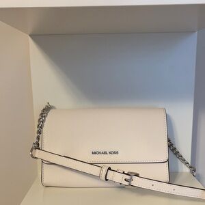 Michael Kors Pale Cream Leather Crossbody with Silver Chain